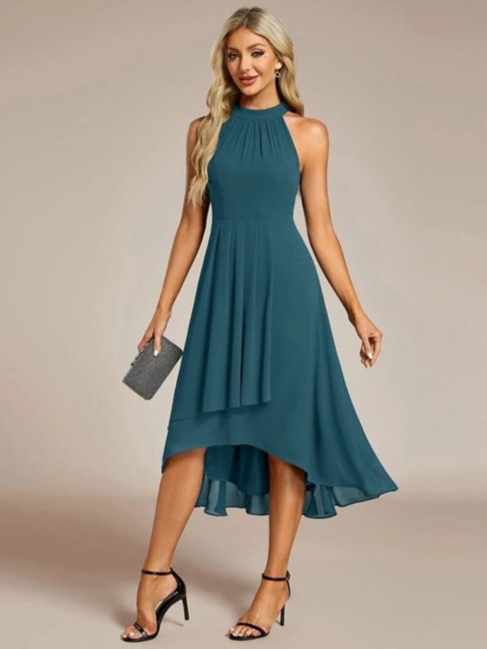 ever POSIE Midi Halter Neck Chiffon Wedding Guest Dress w Sleeveless and A-Line